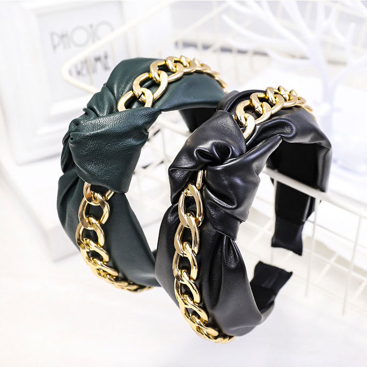 Hair Bands For Women Stylish Luxury Hairbands Metal Chain PU Leather Knot Headband