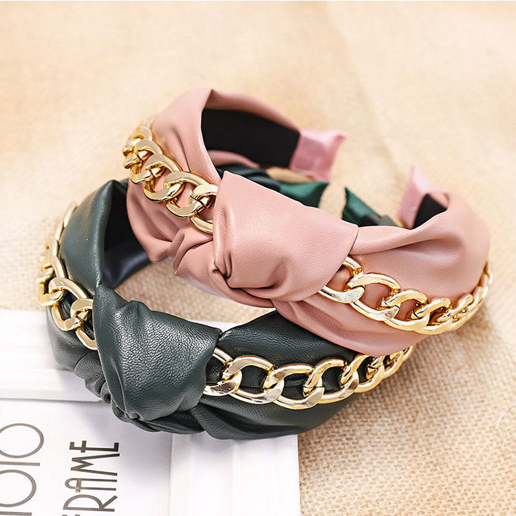 Hair Bands For Women Stylish Luxury Hairbands Metal Chain PU Leather Knot Headband