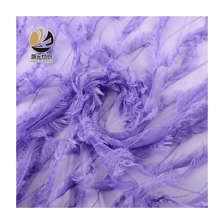 cheap price purple high quality fancy tassel net feather lace mesh tulle fabric