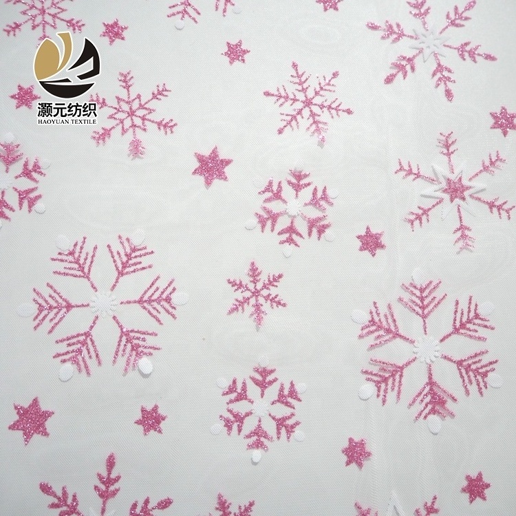 pink snowflake glitter printing shaoxing polyester tulle making fabric for dress