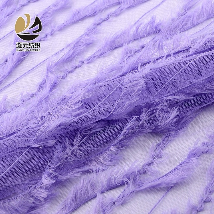 cheap price purple high quality fancy tassel net feather lace mesh tulle fabric