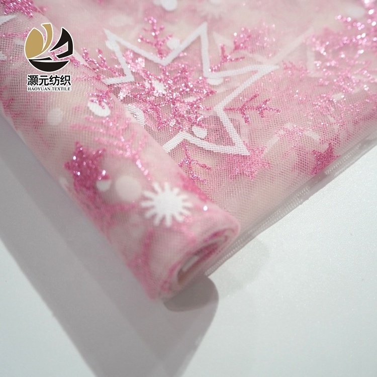 pink snowflake glitter printing shaoxing polyester tulle making fabric for dress