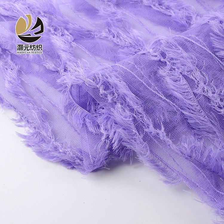 cheap price purple high quality fancy tassel net feather lace mesh tulle fabric