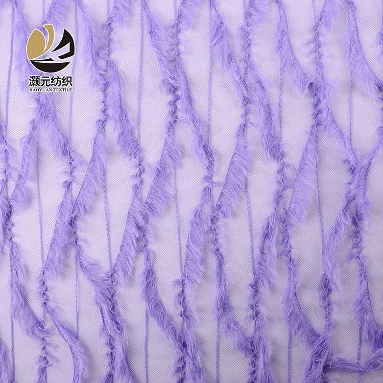 cheap price purple high quality fancy tassel net feather lace mesh tulle fabric