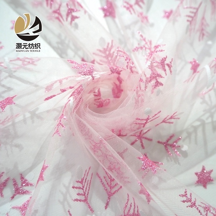 pink snowflake glitter printing shaoxing polyester tulle making fabric for dress