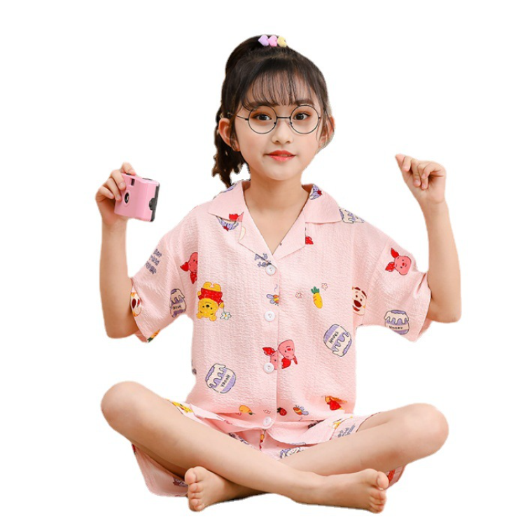 HY-207 Casual Short Sleeve Summer Cartoon Knitted Cotton Child Pajamas Kids 2 Set Baby Kids Girls' Sleepwear For Kids