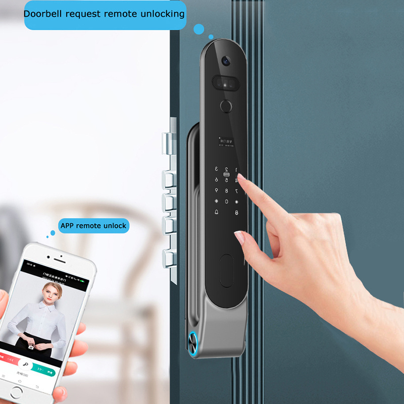 2023 New Smart Tuya Wifi Home Facial Recognition Fingerprint Big Battery Access Door Lock With Camera