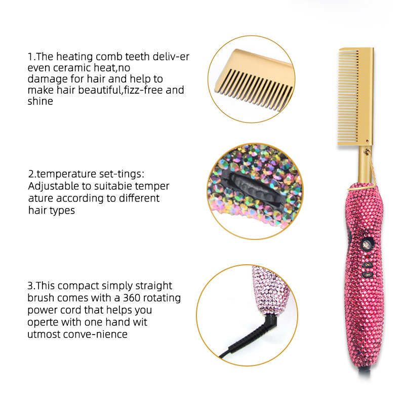 500 degrees customize bling crystal hot comb iron brush electric pressing hot hair straightener comb//