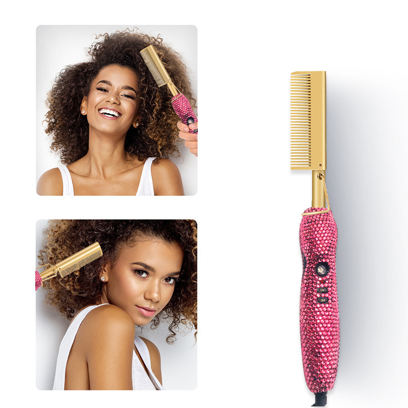 500 degrees customize bling crystal hot comb iron brush electric pressing hot hair straightener comb//