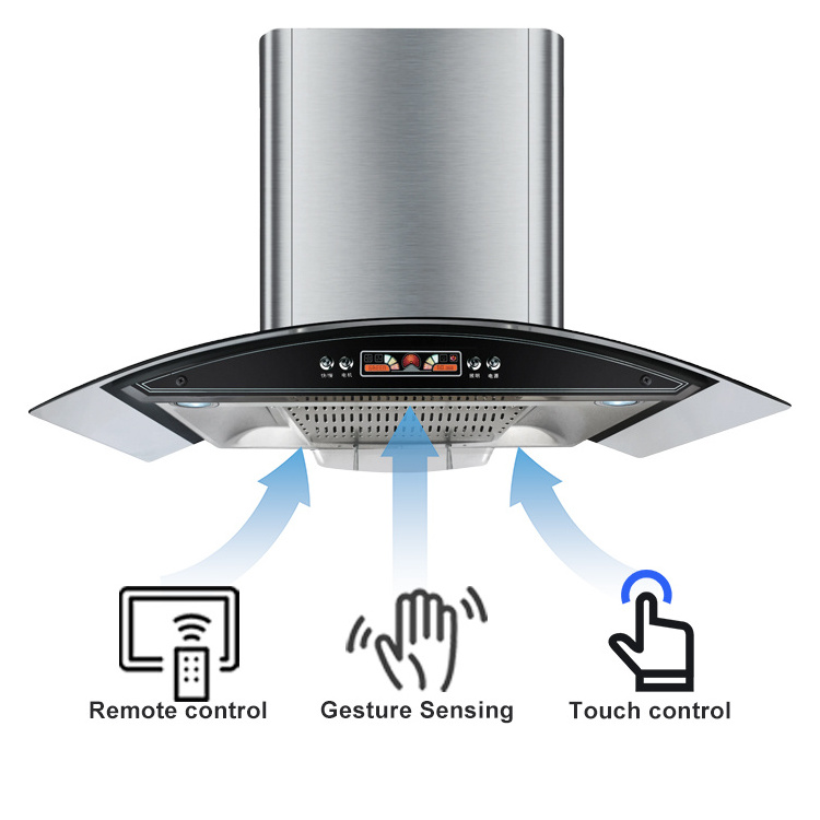 Smart range hood tempered glass stainless steel wall extractor hood chimney for kitchen island hood