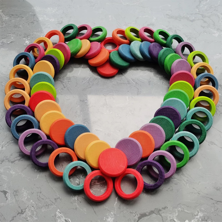 72pc/set Beech Rainbow Coins and Rings Stackable Blocks Nature Loose Parts Creative Baby Rainbow Stacking Toy