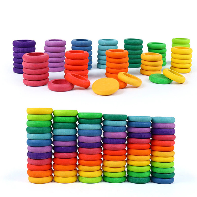 72pc/set Beech Rainbow Coins and Rings Stackable Blocks Nature Loose Parts Creative Baby Rainbow Stacking Toy