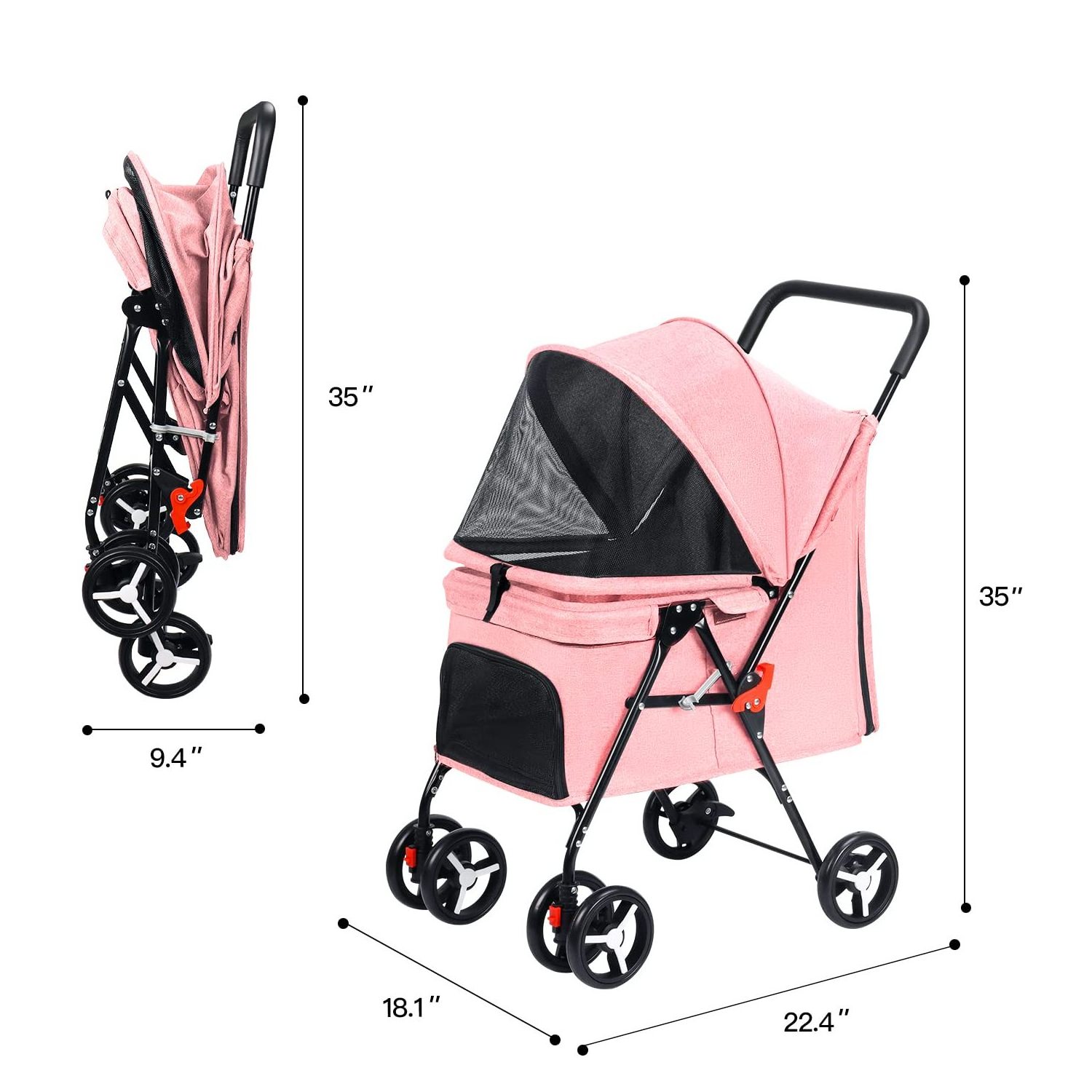 Pet Stroller 4 Wheel Foldable Cat Dog Stroller for Medium Small Dogs Cats Travel Stroller with Bring pet Toys and Removable Line