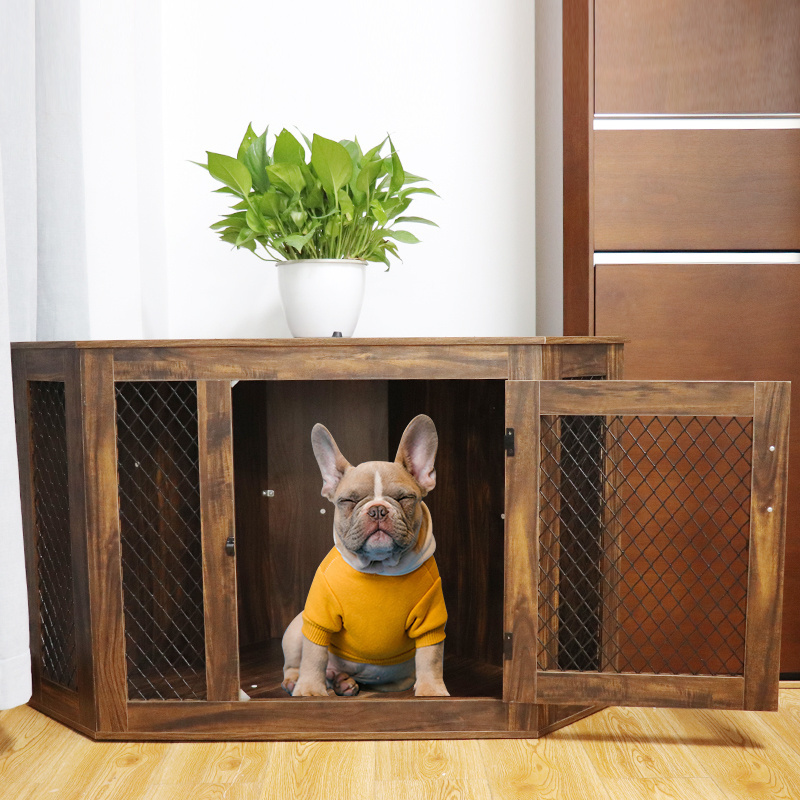 Furniture Corner Dog Crate with Cushion Dog Kennel with Wood and Mesh Dog House Pet Crate Indoor Use