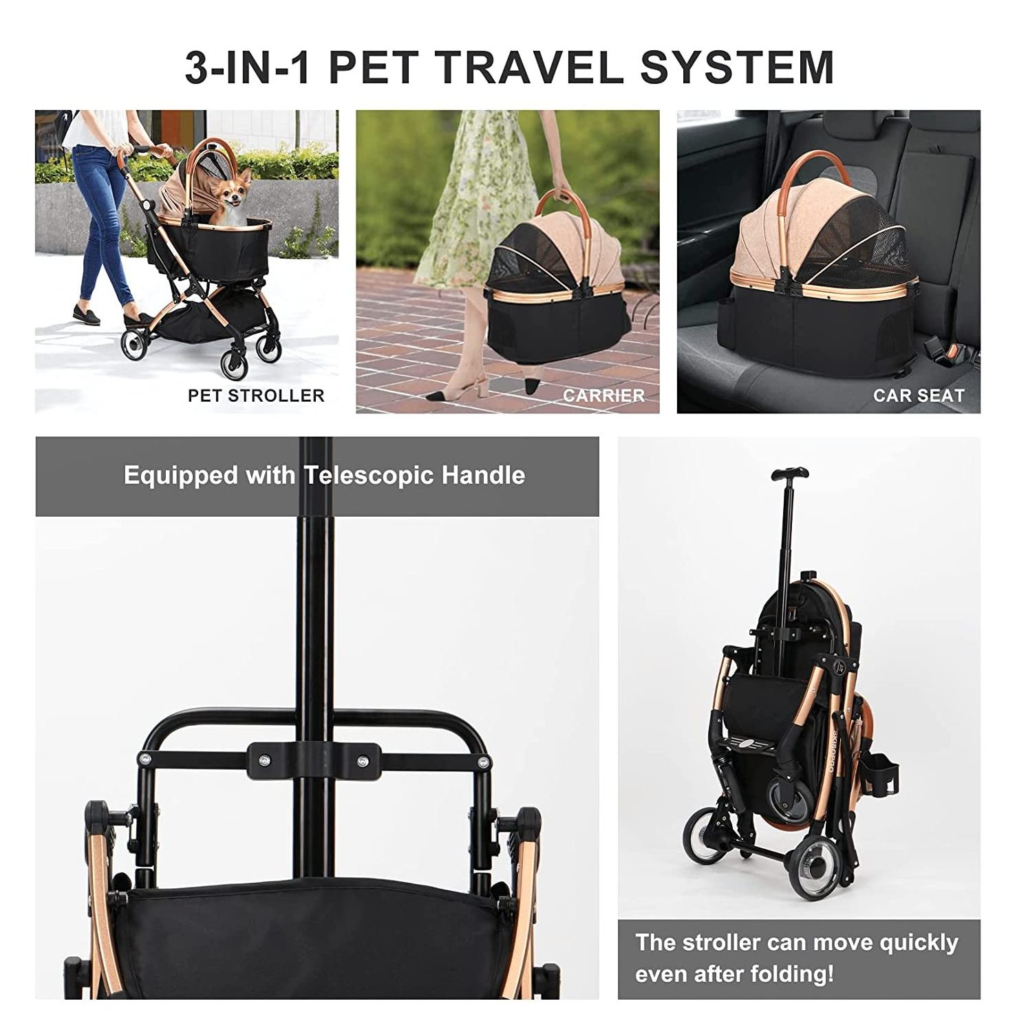 3 in 1 Foldable Pet Stroller for Small Medium Dogs Cats, No-Zip  with Detachable Carrier, Push Button, Luxury