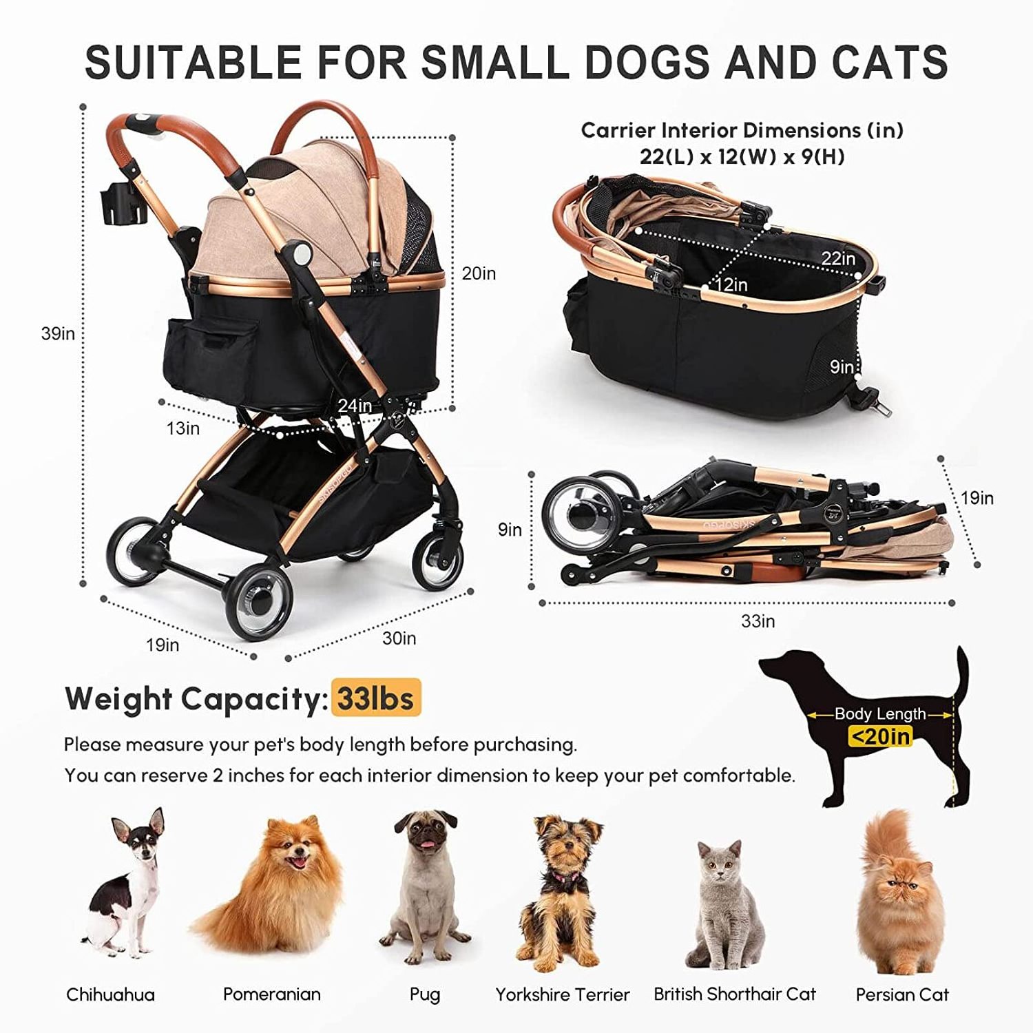 3 in 1 Foldable Pet Stroller for Small Medium Dogs Cats, No-Zip  with Detachable Carrier, Push Button, Luxury