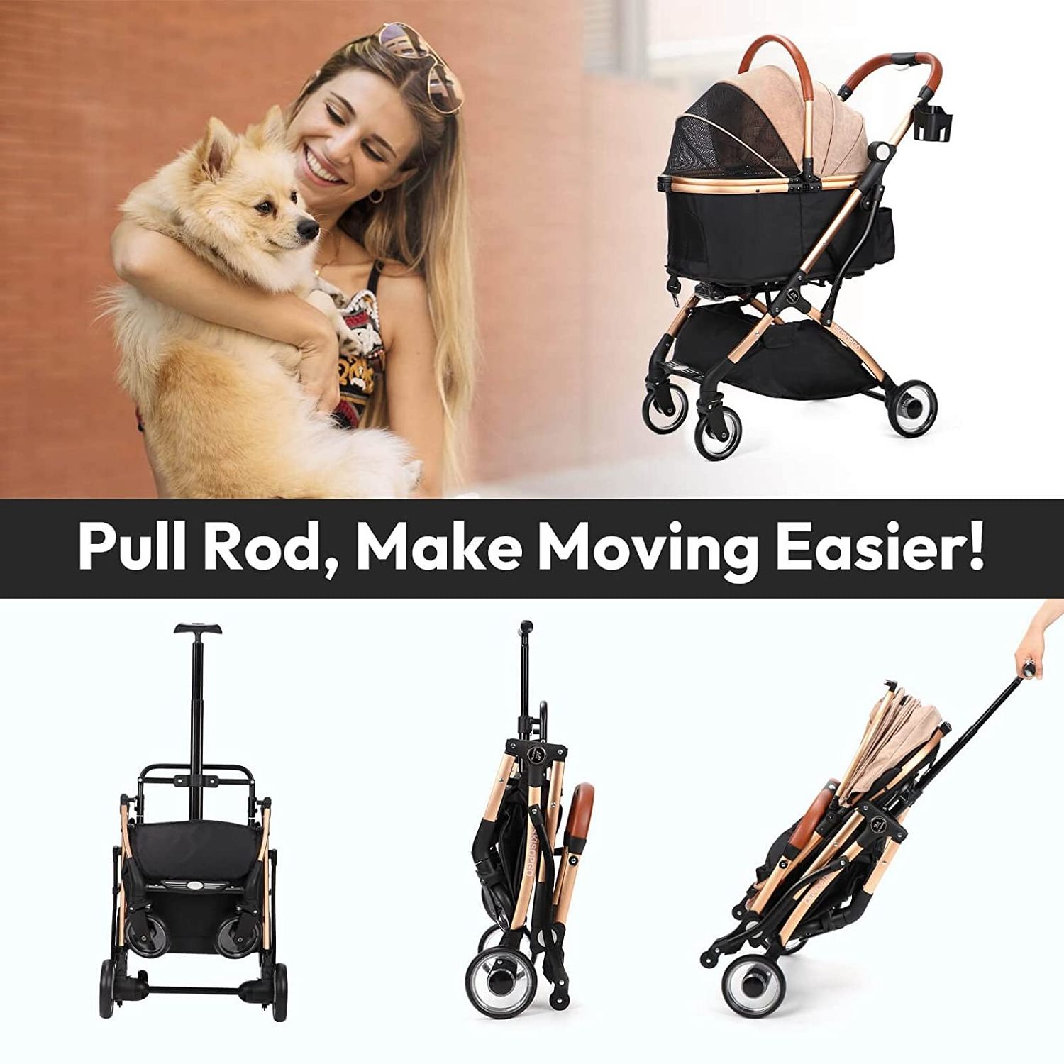 3 in 1 Foldable Pet Stroller for Small Medium Dogs Cats, No-Zip  with Detachable Carrier, Push Button, Luxury