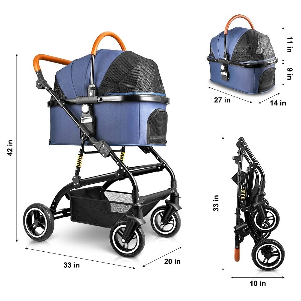 Dog Stroller with Detachable Carrier or Car Seat Suitable for 2 Small or Medium Dogs or Cats Easy Folding and Sturdy Stainless