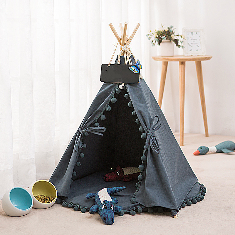 Pet Teepee Dog Cat Bed Portable Pet Tents Houses For Dog And Cat Beige  Blue Color