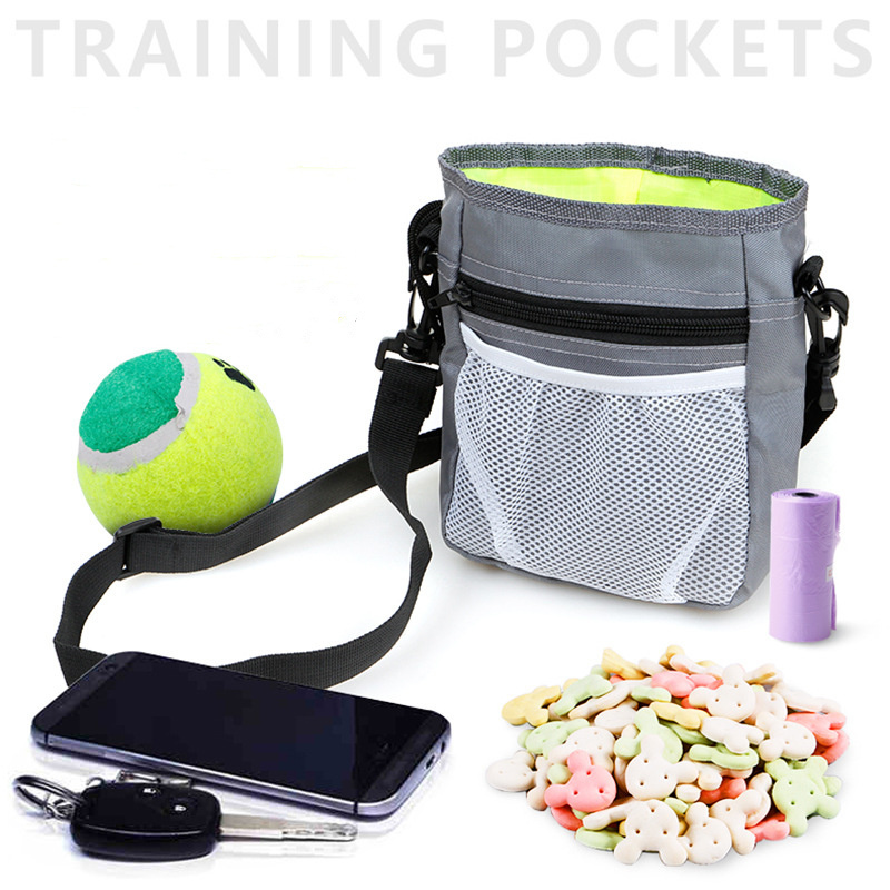 Dog Treat Training Pouch Easily Carries Pet Toys, Kibble, Treats Built-in Poop Bag Dispenser 3 Ways to Wear Grey