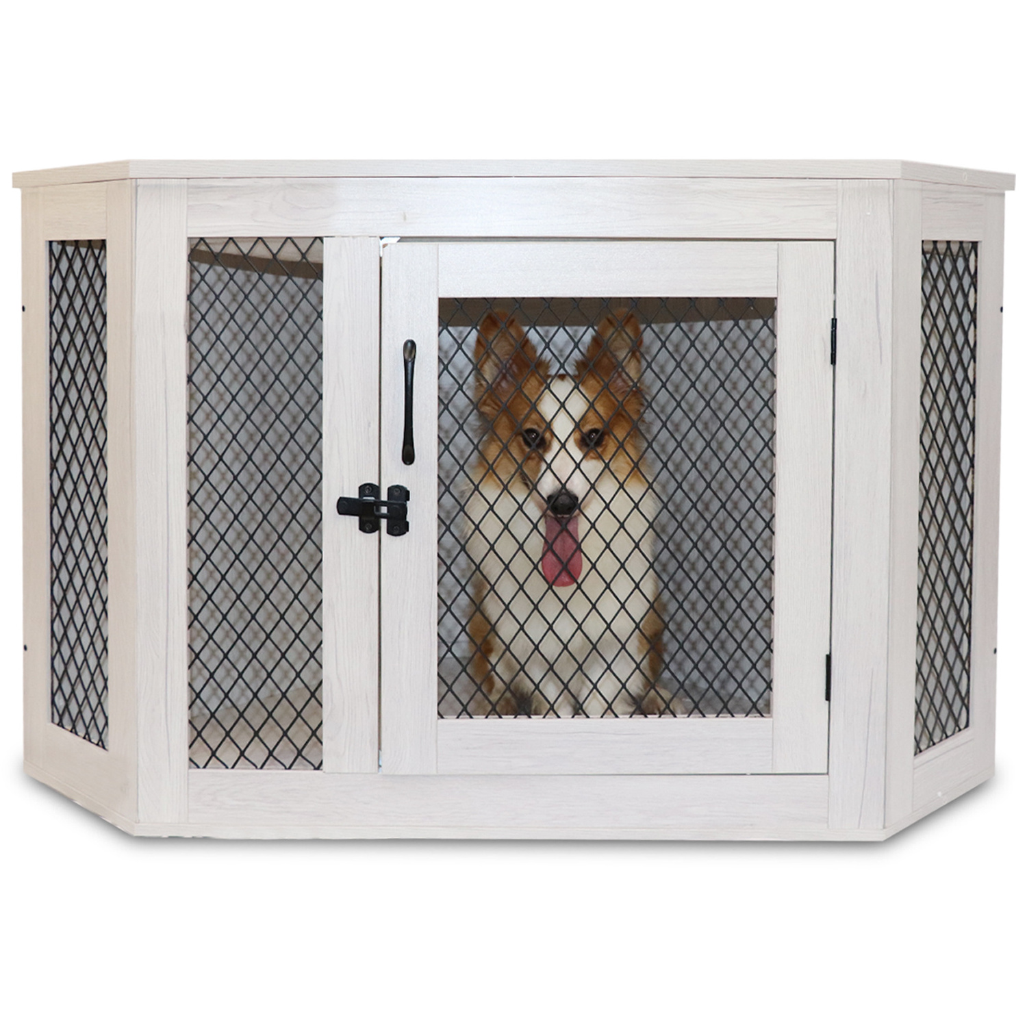 Furniture Corner Dog Crate with Cushion Dog Kennel with Wood and Mesh Dog House Pet Crate Indoor Use