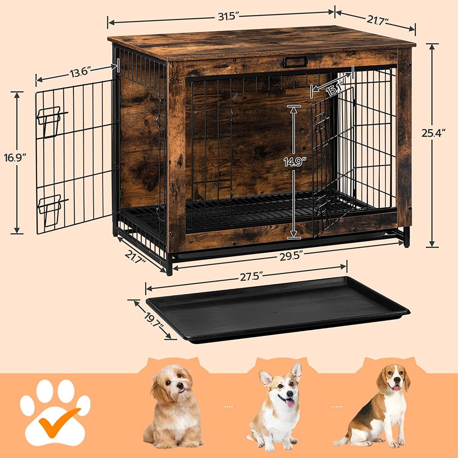 Dog Kennel, Wooden Pet Furniture with Pull-Out Tray, Home and Indoor Use, Double Doors Modern Side End Table for M/L/S