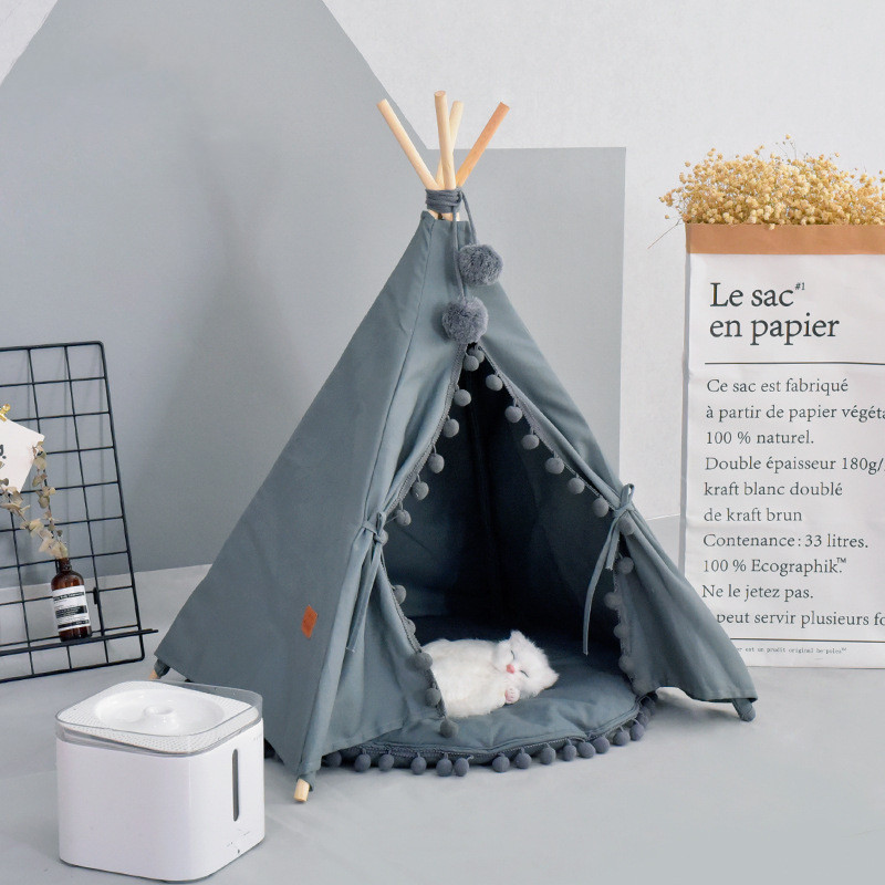 Pet Teepee Dog Cat Bed Portable Pet Tents Houses For Dog And Cat Beige  Blue Color