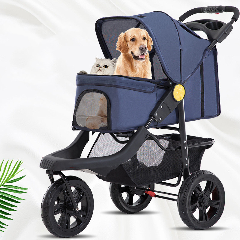 Pet Stroller for Cats Dogs Zippered Entry and Easy Fold with Removable Liner Storage Basket with Cup Holder