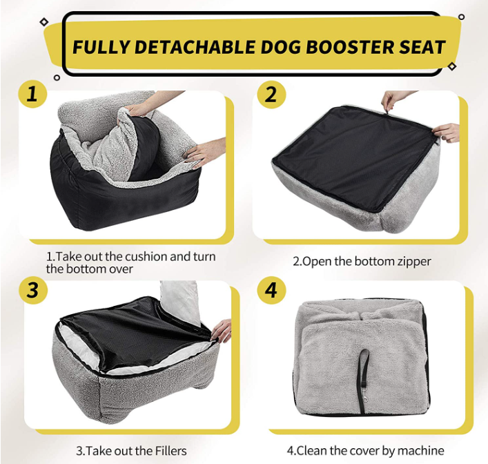 Dog Car Seat Fully Detachable and Washable Seat with Storage Pockets and Clip-On Leash Portable Dog Bed For Outdoor