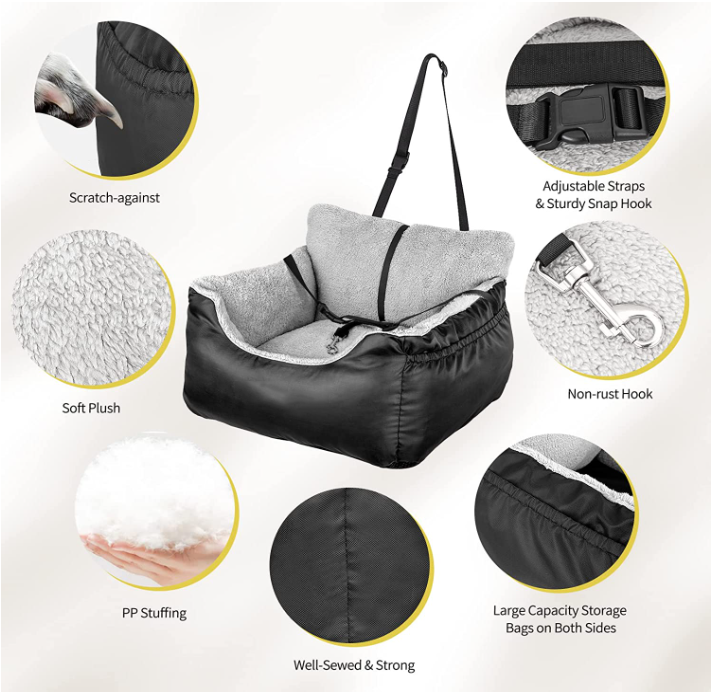 Dog Car Seat Fully Detachable and Washable Seat with Storage Pockets and Clip-On Leash Portable Dog Bed For Outdoor