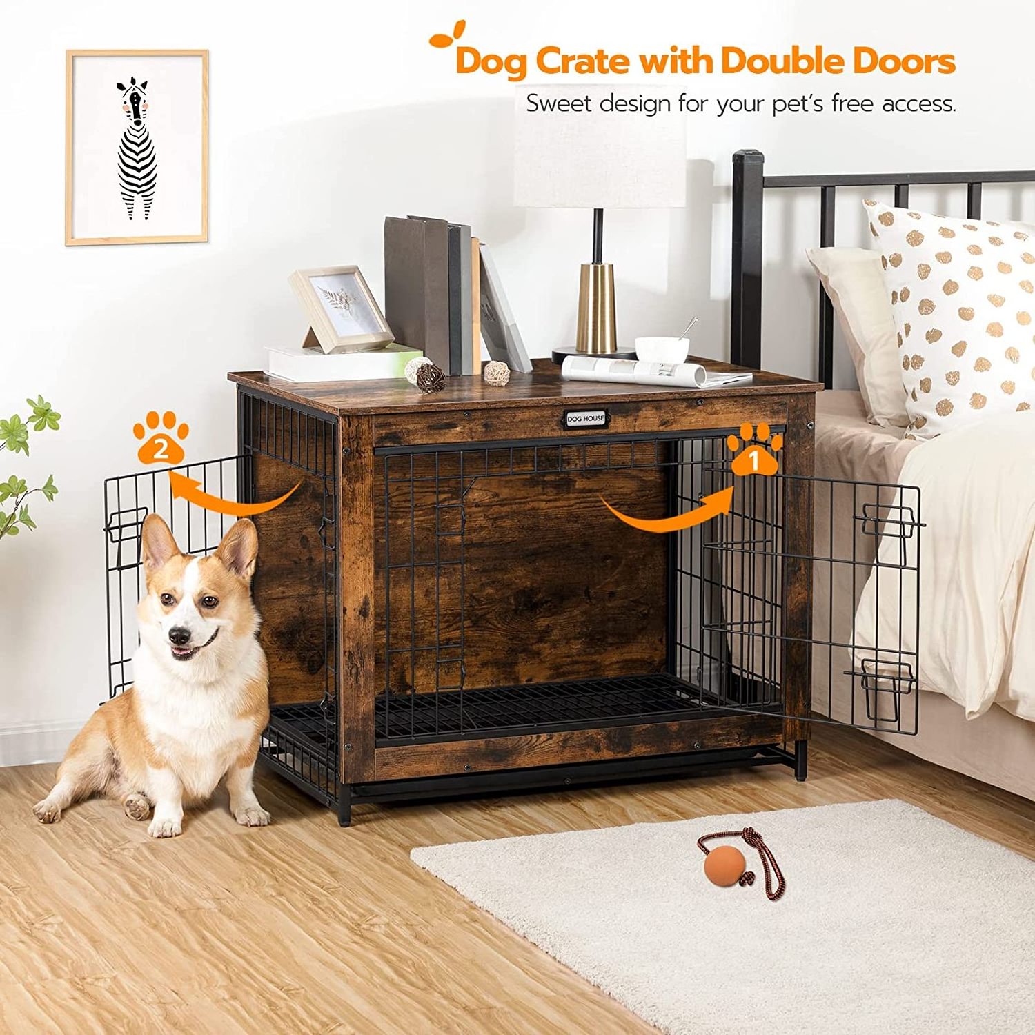 Dog Kennel, Wooden Pet Furniture with Pull-Out Tray, Home and Indoor Use, Double Doors Modern Side End Table for M/L/S