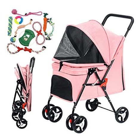 Pet Stroller 4 Wheel Foldable Cat Dog Stroller for Medium Small Dogs Cats Travel Stroller with Bring pet Toys and Removable Line