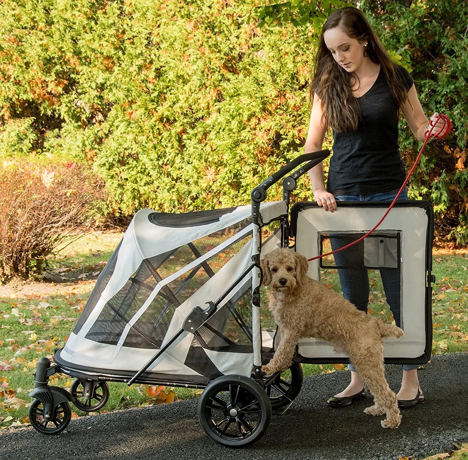 NO-Zip luxury pet Stroller Push Button Zipperless Dual Entry for Single or Multiple Dogs Cats