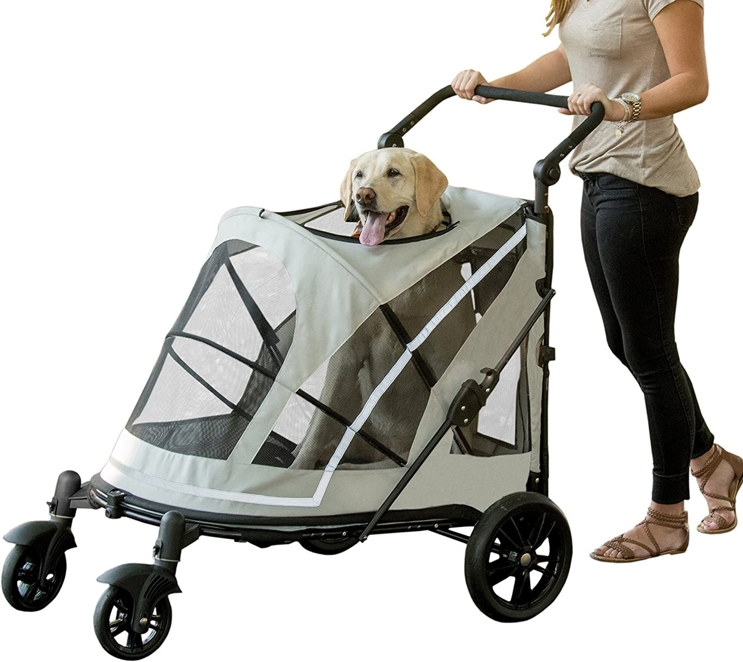 NO-Zip luxury pet Stroller Push Button Zipperless Dual Entry for Single or Multiple Dogs Cats