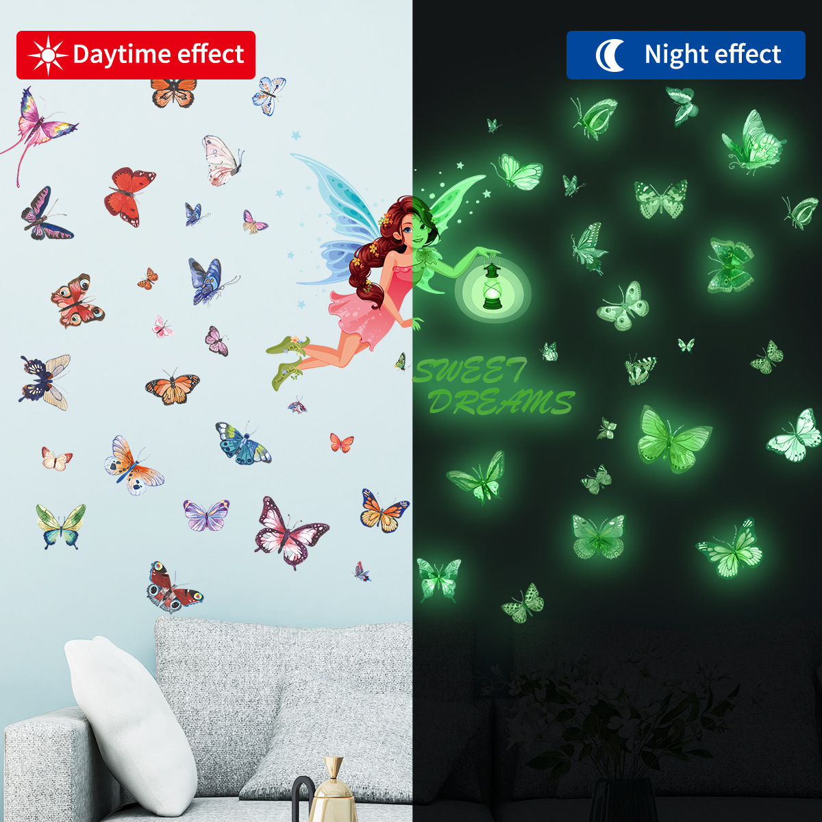 Wholesale Custom Cartoon Luminous Glow in the Dark Butterfly Fairy Wall Decorative Sticker for Kids Bedroom