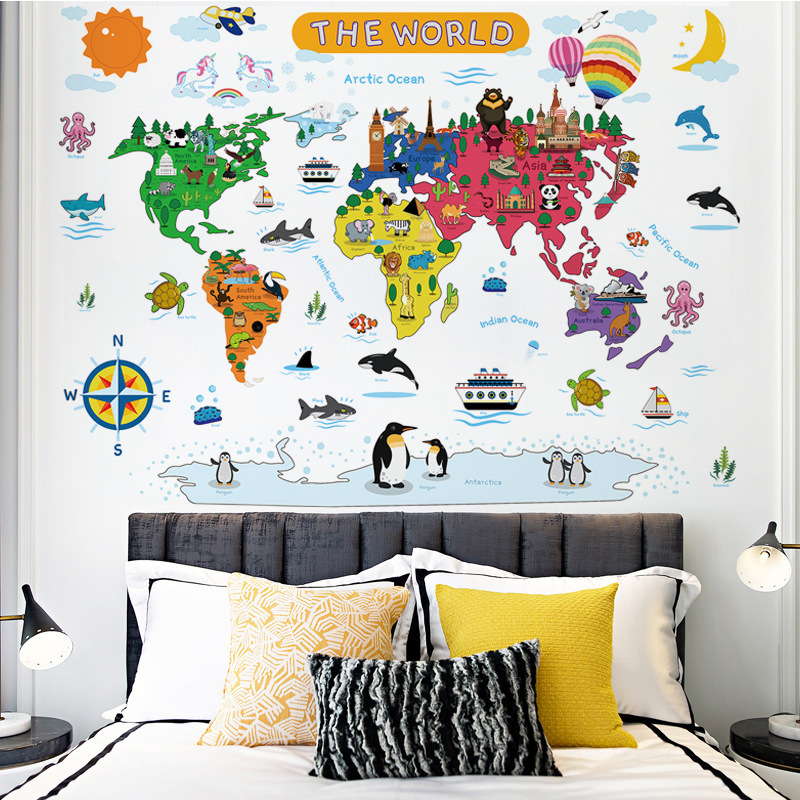 Wholesale Custom PVC Removable Cartoon Animal World Map Decorative Nursery Kids Wall Stickers for Bedroom