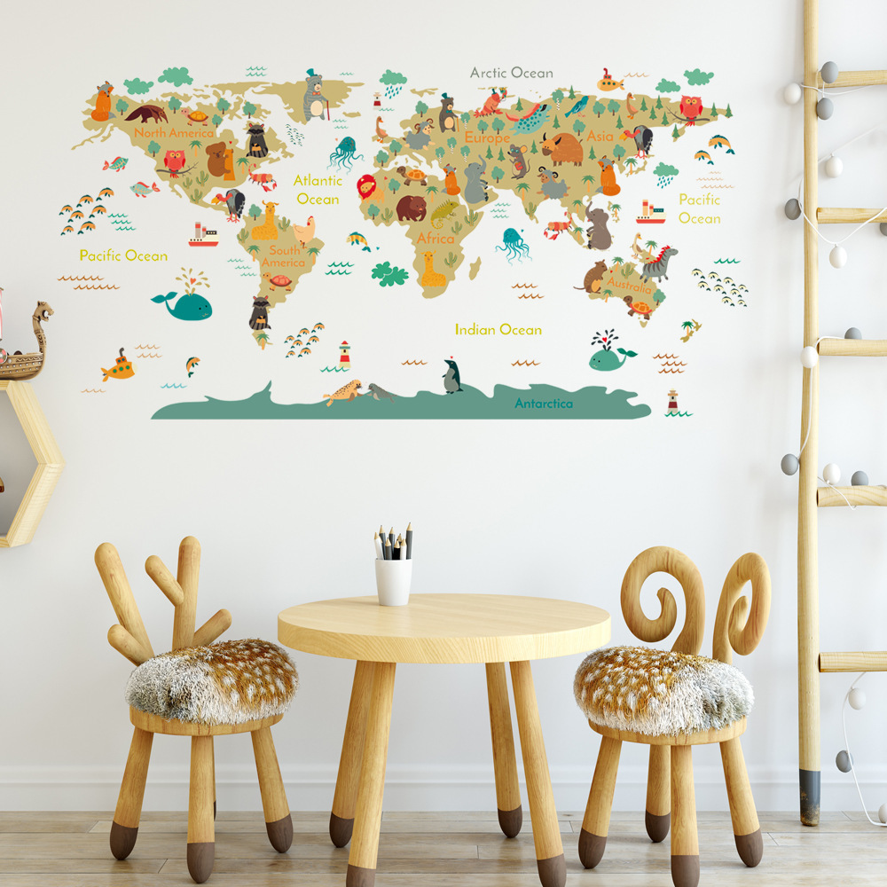 Wholesale Custom PVC Removable Cartoon Animal World Map Decorative Nursery Kids Wall Stickers for Bedroom