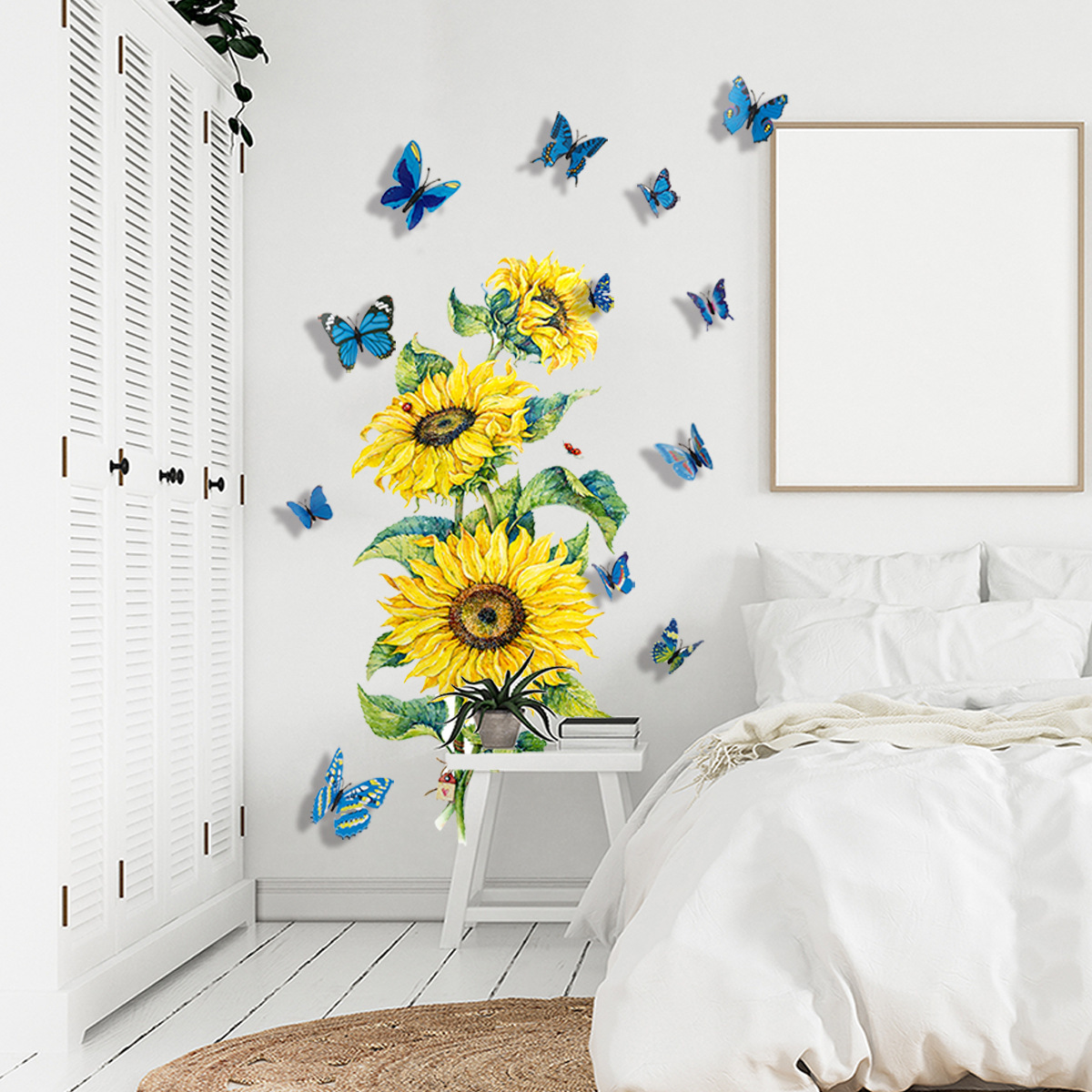 Hot 3D Sunflower Flower Butterflies Wall Sticker Decorative Living Room Removable Wall Sticker