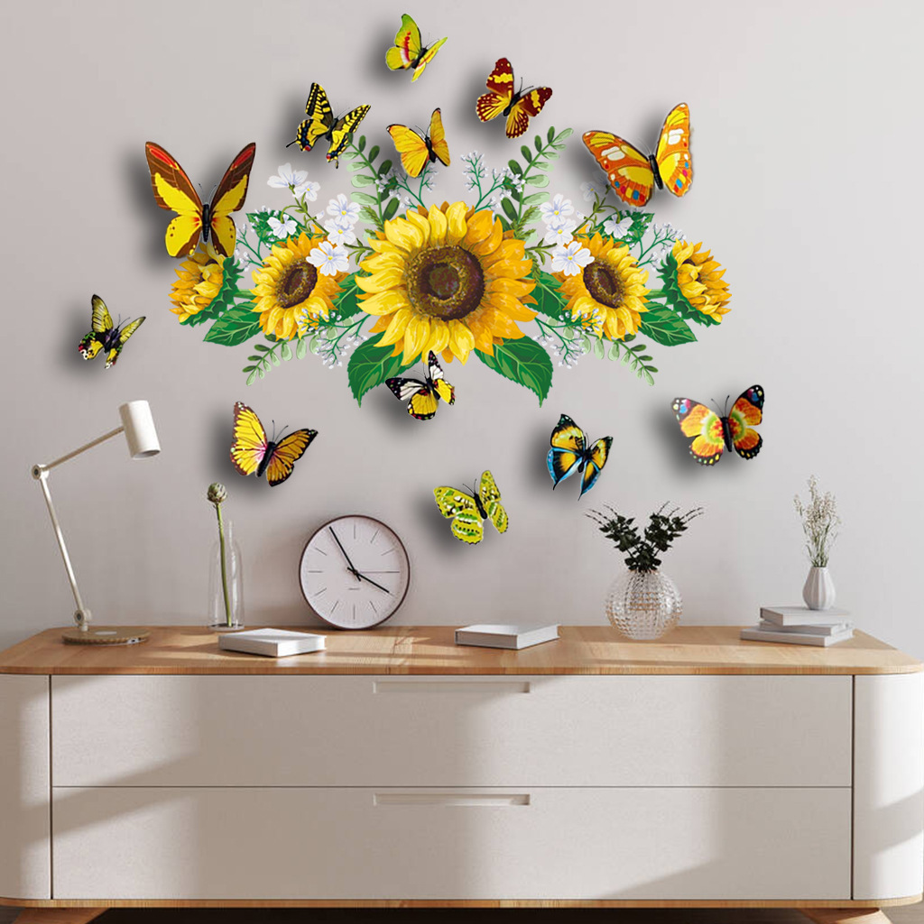 Hot 3D Sunflower Flower Butterflies Wall Sticker Decorative Living Room Removable Wall Sticker