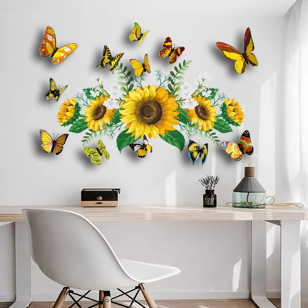 Hot 3D Sunflower Flower Butterflies Wall Sticker Decorative Living Room Removable Wall Sticker