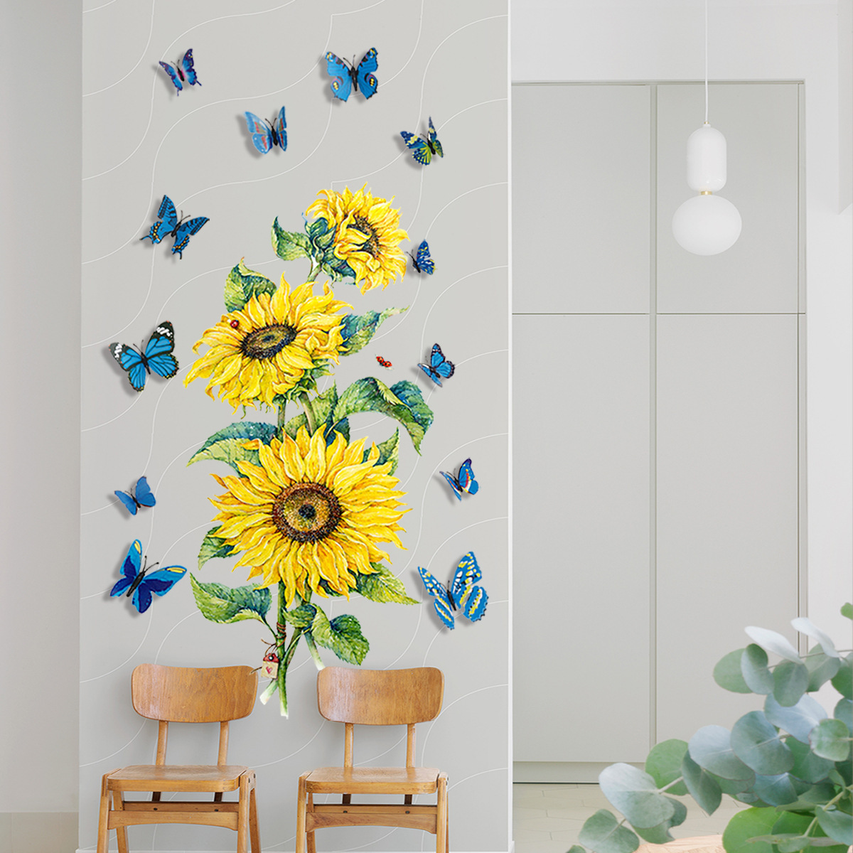 Hot 3D Sunflower Flower Butterflies Wall Sticker Decorative Living Room Removable Wall Sticker