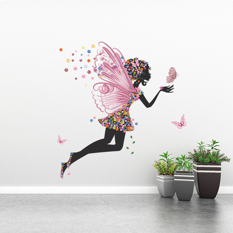 Wholesale Custom PVC Flower Butterfly Fairy Girls Flying Removable Decorative Girls Wall Sticker For Bedroom