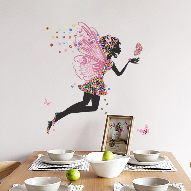 Wholesale Custom PVC Flower Butterfly Fairy Girls Flying Removable Decorative Girls Wall Sticker For Bedroom