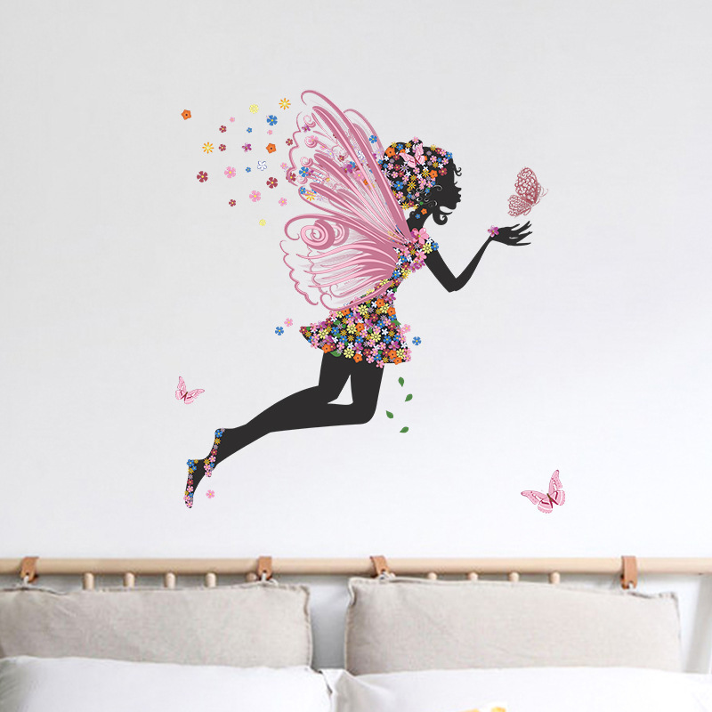 Wholesale Custom PVC Flower Butterfly Fairy Girls Flying Removable Decorative Girls Wall Sticker For Bedroom