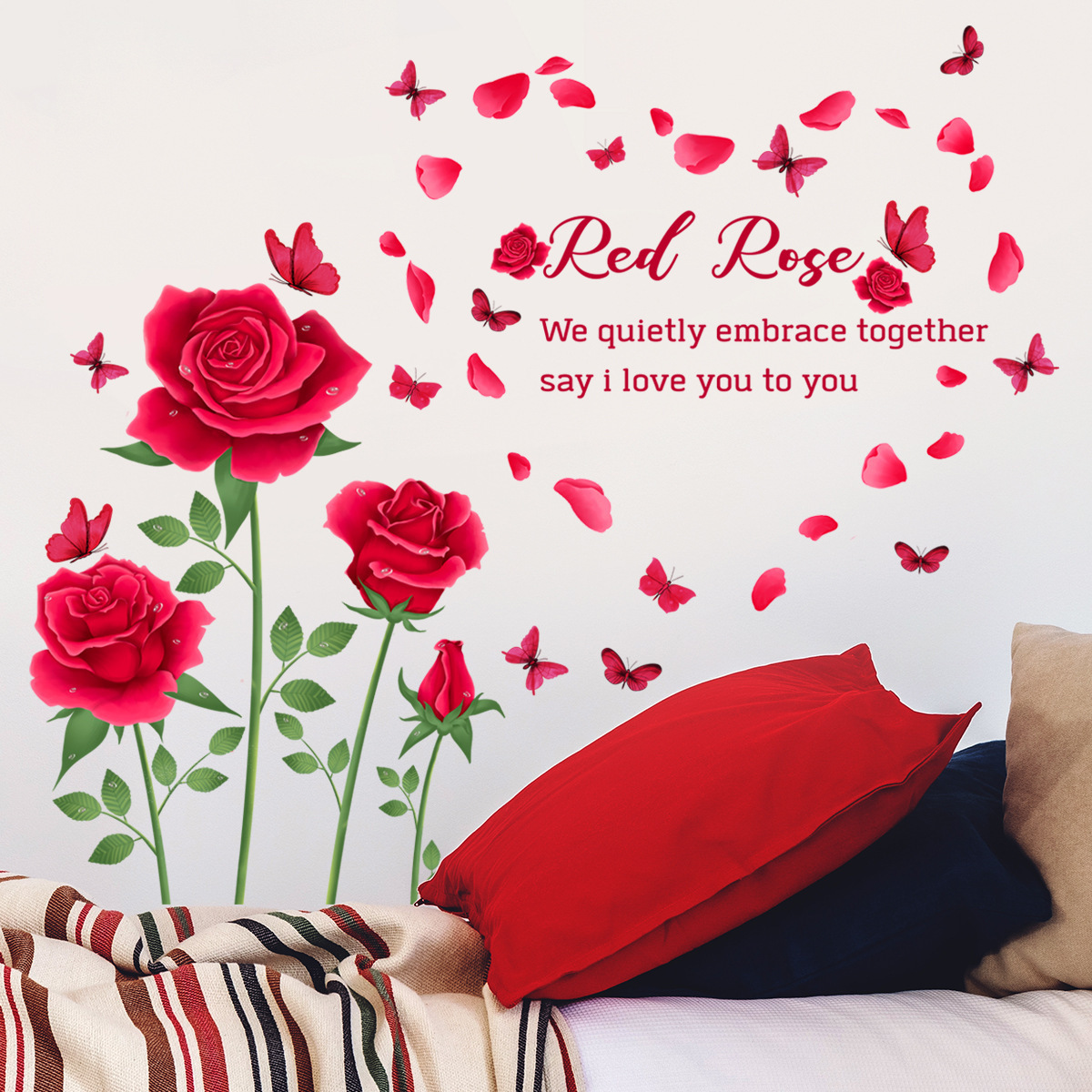 Wholesale Custom New Valentine's Day PVC Removable Butterflies Flower Rose Decorative Hotel Wall Sticker for Bedroom