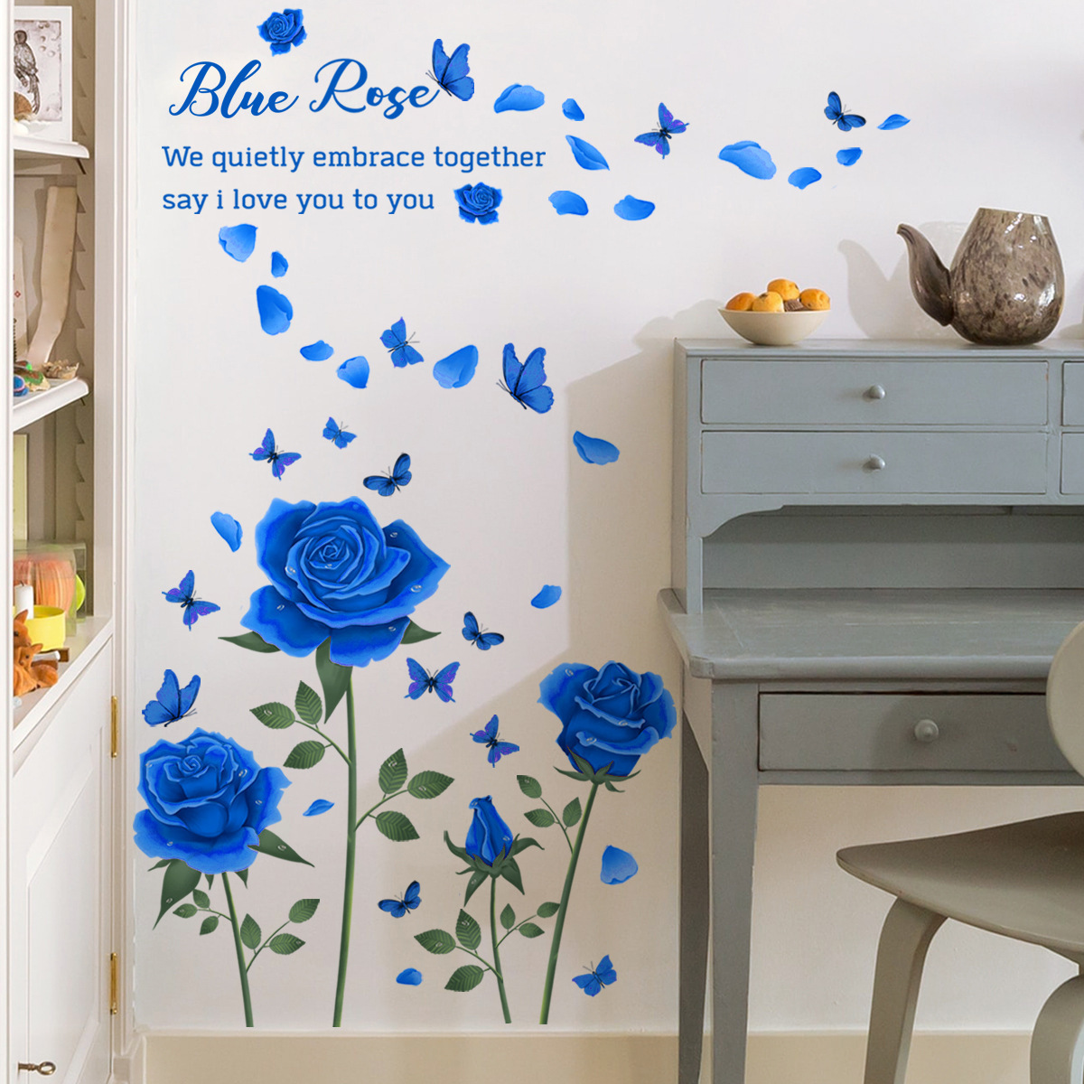 Wholesale Custom New Valentine's Day PVC Removable Butterflies Flower Rose Decorative Hotel Wall Sticker for Bedroom