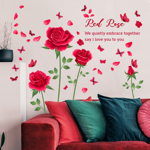 Wholesale Custom New Valentine's Day PVC Removable Butterflies Flower Rose Decorative Hotel Wall Sticker for Bedroom