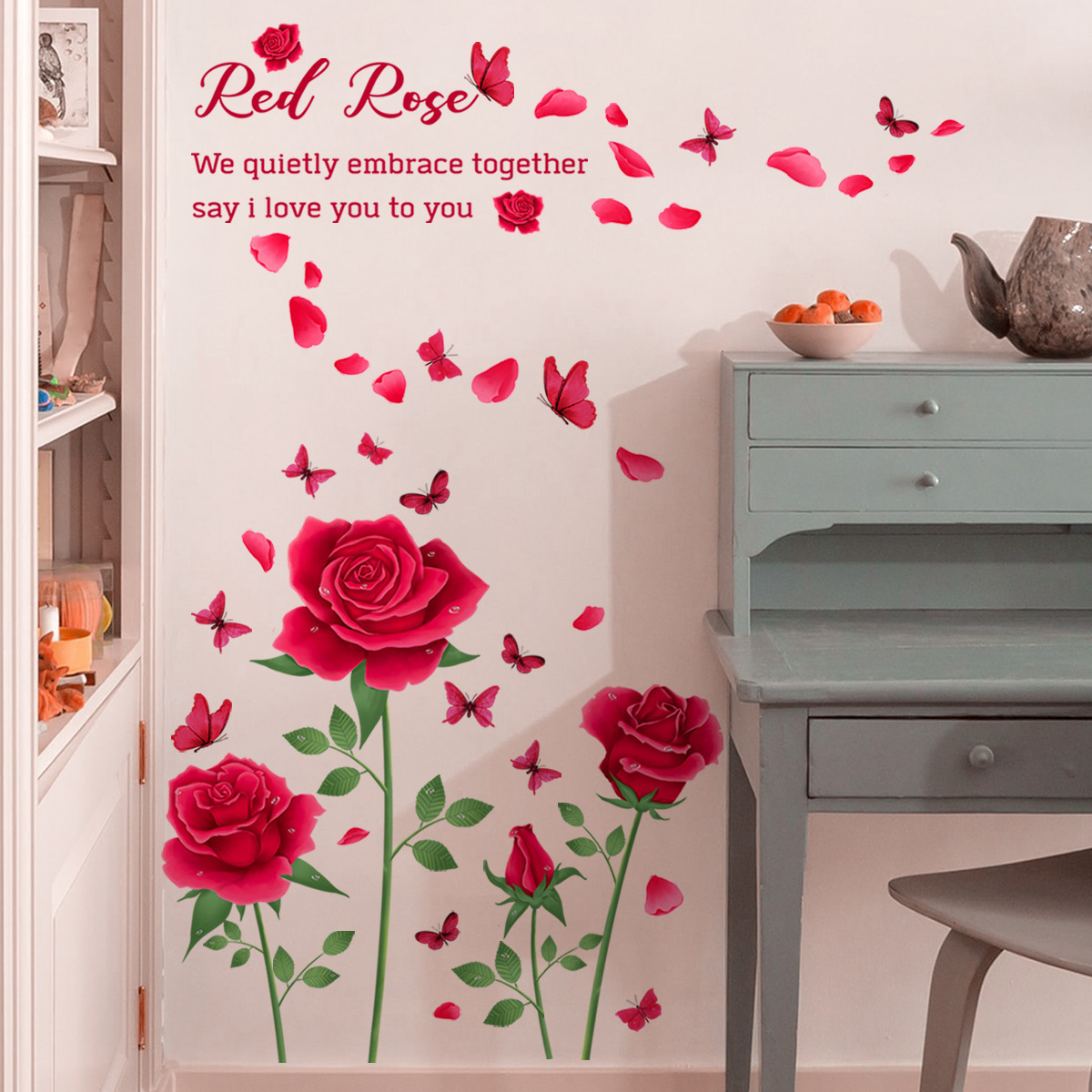 Wholesale Custom New Valentine's Day PVC Removable Butterflies Flower Rose Decorative Hotel Wall Sticker for Bedroom