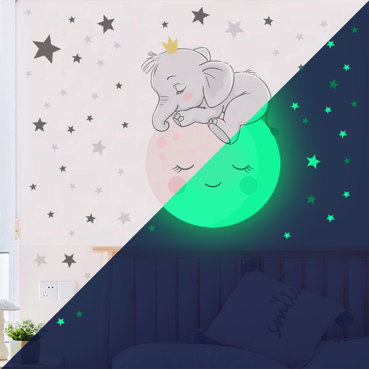 Wholesale Cartoon Moon Elephant Sweet Dreams Luminous Glow in the Dark Removable Home Decor Baby Room Wall Sticker