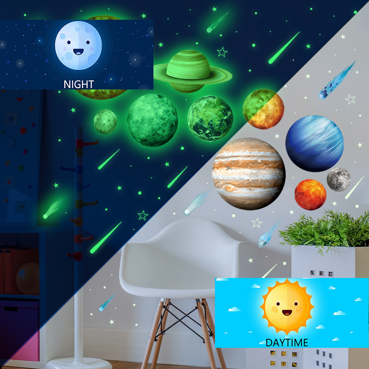 Wholesale PVC Custom Eight Planets Sun Moon Stars Luminous Glow in the Dark Decorative Wall Stickers for Kids Bedroom